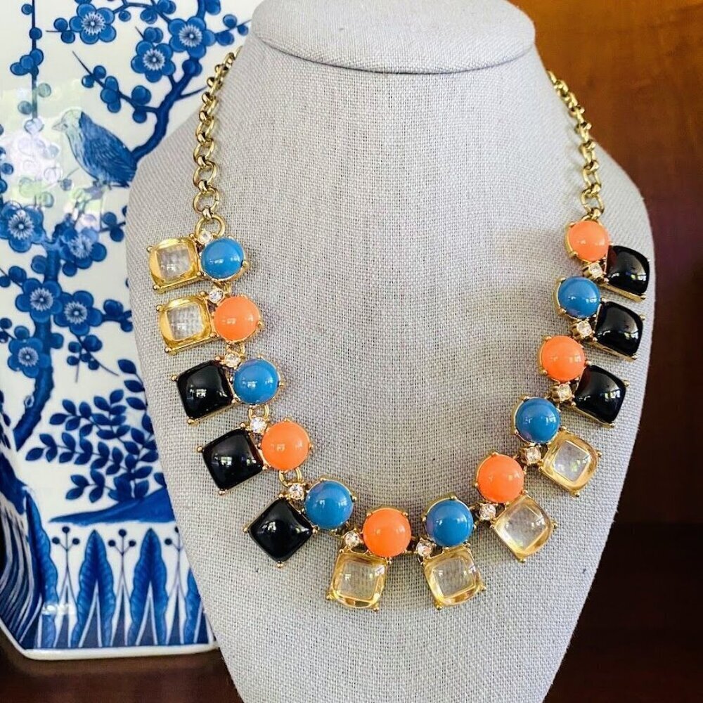 J. Crew Gold-Tone Statement Necklace Blue Black Clear Fluorescent Orange - Picture 2 of 4